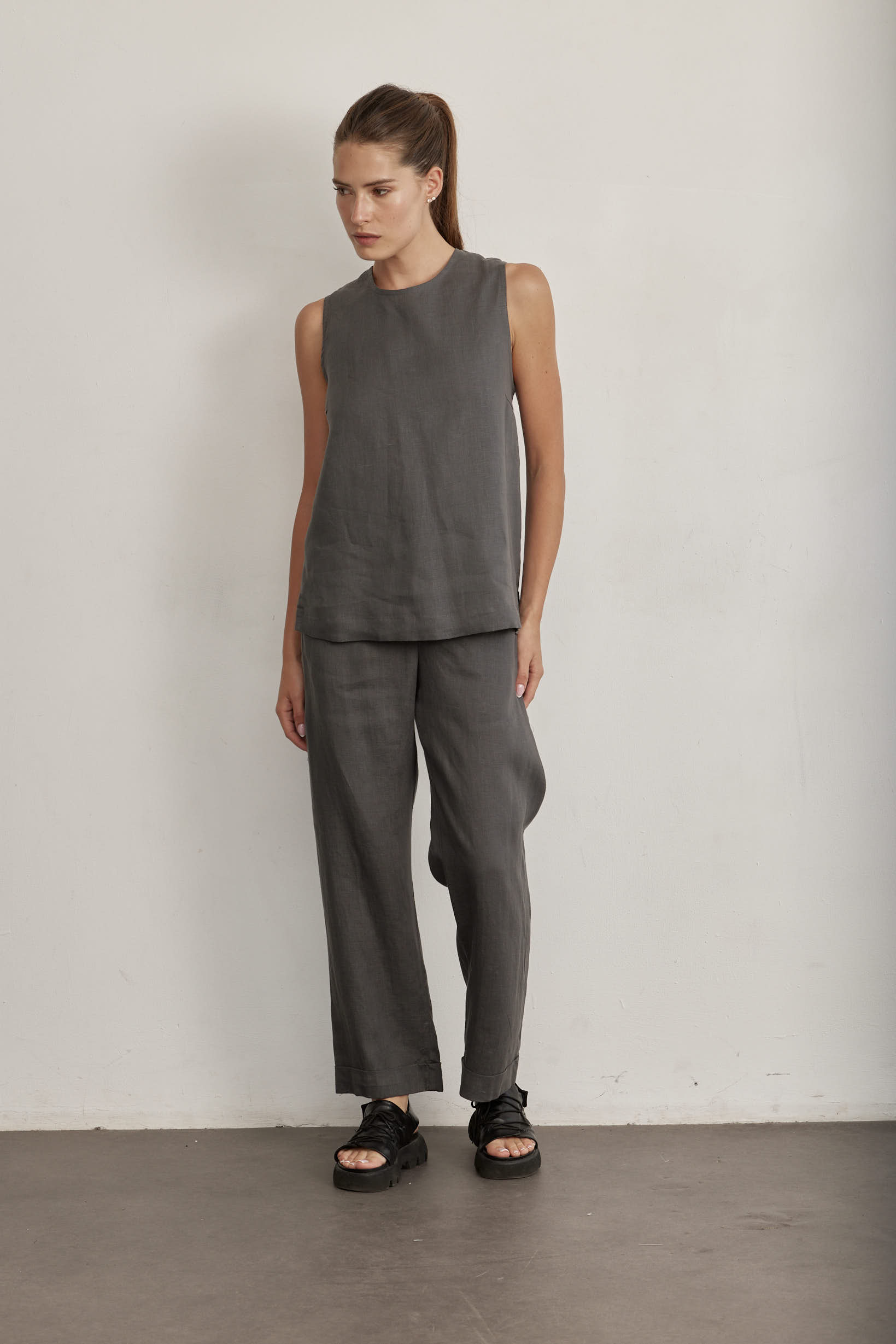 Grey sleeveless tank top with relaxed fit