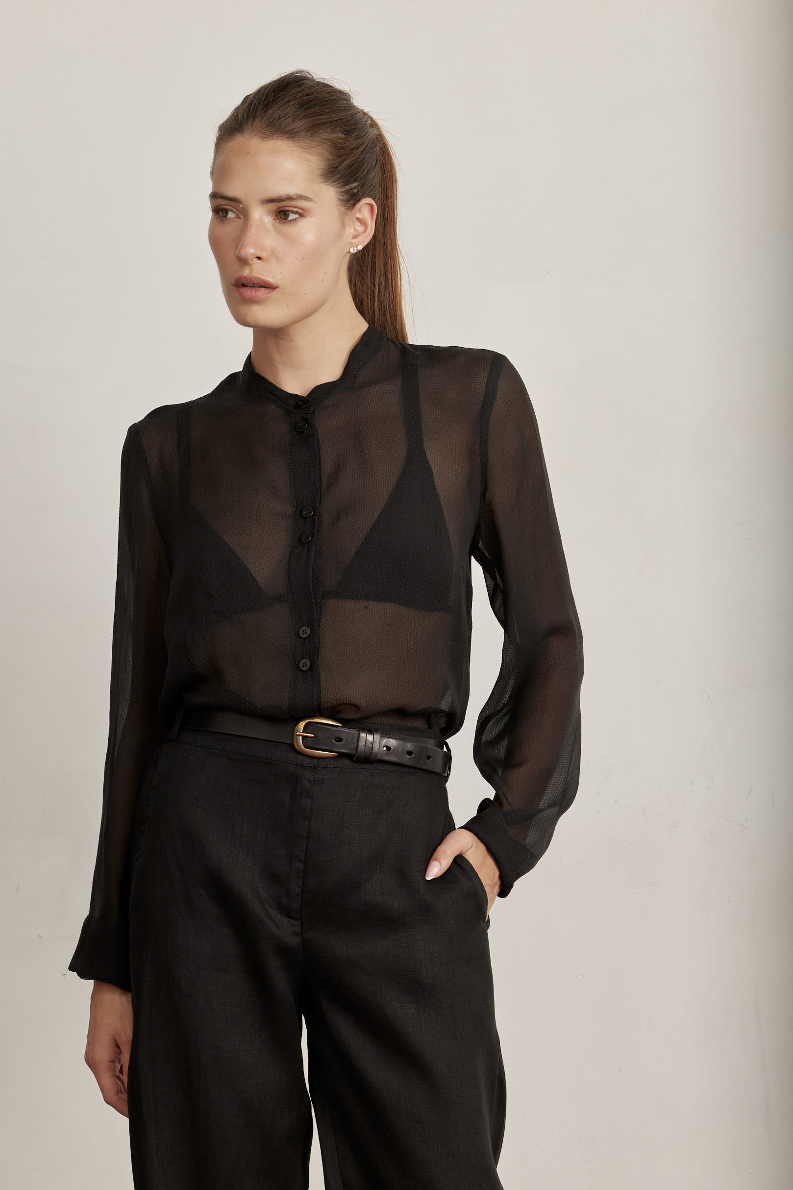 Black semi-sheer button-up shirt